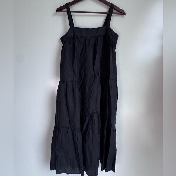 QUINCE‎ Women Small 100% European Linen Trapeze Midi Dress NEW Black tiered flax - Picture 10 of 14